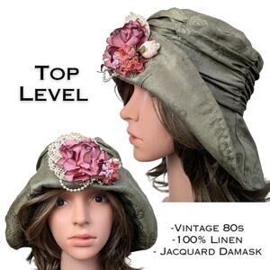 Top Level Vintage 80s Cloche Hat Green Linen Damask w/Flowers Victorian Revival